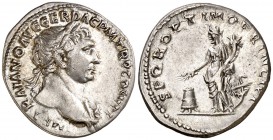 (107 d.C.). Trajano. Denario. (Spink 3165 var) (S. 467a) (RIC. 166). 3,09 g. MBC+.