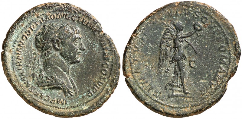 (116 d.C.). Trajano. As. (Spink falta) (Co. 355) (RIC. 675). 10,76 g. Pátina ver...