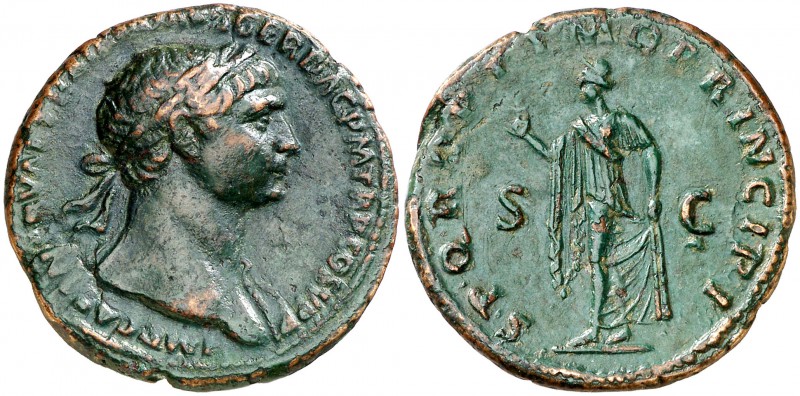 (107 d.C.). Trajano. As. (Spink falta) (Co. 460) (RIC. 519). 9,39 g. Pátina verd...