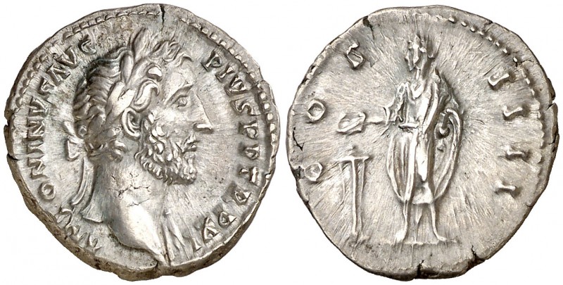 (148 d.C.). Antonino pío. Denario. (Spink 4076) (S. 301) (RIC. 168). 3,19 g. EBC...