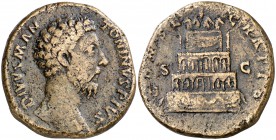 (180 d.C.). Marco Aurelio. Sestercio. (Spink 5986) (Co. 98) (RIC. 662, Cómodo). 23,54 g. MBC-.