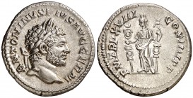 (215 d.C.). Caracalla. Denario. (Spink 6840) (S. 315) (RIC. 266). 3,03 g. EBC-.