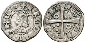 Jaume II (1291-1327). Barcelona. Diner. (Cru.V.S. 348) (Cru.C.G. 2162). 1,14 g. Letras A y V latinas. MBC/MBC+.