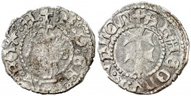 Ferran II (1479-1516). Aragón. Dinero. (Cru.V.S. 1308 var) (Cru.C.G. 3208 falta var?). 0,80 g. Acuñación floja pero leyendas perfectas. Escasa. MBC-/M...