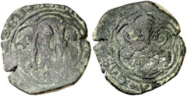 Reyes Católicos. Coruña. A (Antonio de Salamanca). 4 maravedís. (Cal. tipo 266, falta var) (Seb. 117). 6,66 g. Rara. BC+.