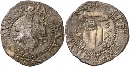 1598. Felipe II. Perpinyà. Doble sou. (Cal. 839) (Cru.C.G. 3806a). 2,71 g. Contramarca: cabeza de San Juan (realizada en 1603). MBC.