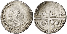 1596. Felipe II. Barcelona. 1 croat. (Cal. 606) (Cru.C.G. 4246 falta var) (Badia falta). 3,29 g. Algo recortada. Rara. (MBC-).