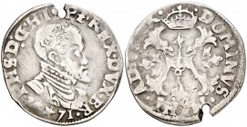1571. Felipe II. Maestricht. 1/10 de escudo Felipe. (Vti. 824, como 2 sueldos) (Vanhoudt 308.MA) (Van Gelder & Hoc 213-2b). 3,05 g. Perforación rota. ...