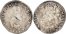 1587. Felipe II. Amberes. 1/5 de escudo Felipe. (Vti. 898) (Vanhoudt 367.AN) (Van Gelder & Hoc 212-1c). 6,36 g. Rayitas. BC+.