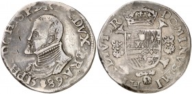 1589. Felipe II. Amberes. 1 escudo Felipe. (Vti. 1265) (Vanhoudt 362AN). 33,99 g. Ex Colección Samuel Prades Montoliu. MBC-.