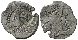 s/d. Felipe III. Barcelona. 1 diner. (Cal. falta) (Cru.C.G. 4346f). 0,65 g. Contramarca: B en anverso. Escasa así. MBC+.
