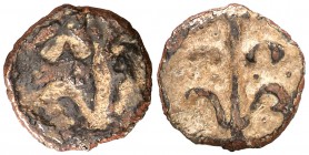 s/d (entorno 1599-1630). Felipe III. Lleida. 1 diner. 0,60 g. Del tipo Cru.C.G. 3773 pero con anverso incuso. Muy curiosa. (MBC).