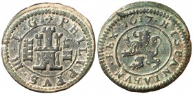 1617. Felipe III. Segovia. 4 maravedís. (Cal. 821) (J.S. D-249) (Seb. 280). 2,94 g. Acueducto de 3 arcos. Pátina verda. MBC+.