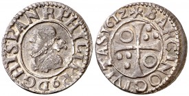 1612. Felipe III. Barcelona. 1/2 croat. (Cal. 535). 1,71 g. Sin puntuación en leyenda de anverso. Pátina oscura. MBC-/MBC.