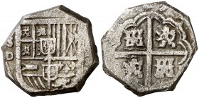 (1)627. Felipe IV. Sevilla. D. 2 reales. (Cal. 944 var). 6,76 g. Doble escudo de Flandes y Tirol, uno en el lugar del escusón de Portugal. Rara. MBC-....