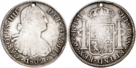1802. Carlos IV. México. FT. 8 reales. (Cal. 698). 26,68 g. Perforación. (MBC-).