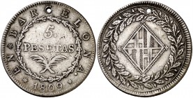 1809. Ocupación Napoleónica. Barcelona. 5 pesetas. (Cal. 14). 26,51 g. Perforación. (MBC-).