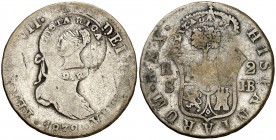 1832. Fernando VII. Sevilla. JB. 2 reales. 5,73 g. Resellos de Costa Rica (De Mey 433 y 474) para circular como 2 reales. Rara. BC+.