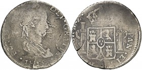 1815. Fernando VII. Durango. MZ. 8 reales. (Cal. 413). 25,32 g. Busto pequeño. Acuñación muy floja. Grietas. (MBC-).
