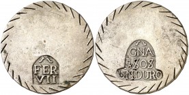 1808. Fernando VII. Girona. 1 duro. (Cal. 428). 25,60 g. Falsa de época en metal blanco. EBC.