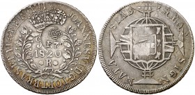 Resello (falso) F7º bajo corona, en anverso, bajo corona sobre 960 reis de Brasil, R (Río) de 1820 acuñada a su vez sobre 8 reales españoles de Fernan...