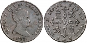 1836. Isabel II. Segovia. 8 maravedís. (Cal. 491). 11,03 g. Valor y ceca en reverso. Escasa. MBC/MBC+.