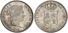 1868*1868. Isabel II. Madrid. 40 céntimos de escudo. (Cal. 340). 5,06 g. Parte de brillo original. EBC.