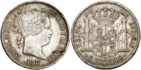 1867. Isabel II. Madrid. 2 escudos. (Cal. 204). 25,80 g. Golpecitos. MBC-.