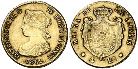 1865. Isabel II. Madrid. 4 escudos. (Barrera 844 var). 2,57 g. Falsa de época en metal dorado. MBC.
