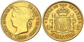1868. Isabel II. Manila. 4 pesos. (Cal. 132). 6,74 g. Sirvio como joya. (MBC).
