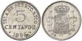 1896. Alfonso XIII. Puerto Rico. PGV. 5 centavos. (Cal. 86). 1,23 g. Brillo original. Escasa así. EBC.