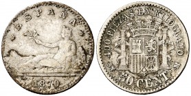 1870*-0. Gobierno Provisional. SNM. 50 céntimos. (Cal. 20). 2,37 g. MBC-.