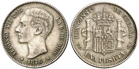 1876*1876. Alfonso XII. DEM. 1 peseta. (Cal. 54). 4,59 g. Golpecito en canto. Buen ejemplar Escasa asi. MBC+.