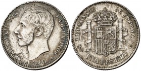 1885*1885. Alfonso XII. MSM. 1 peseta. (Cal. 61). 4,85 g. Rayitas y golpecitos. Bonita pátina. Escasa. MBC+/EBC-.