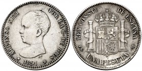 1891*--91. Alfonso XIII. PGM. 1 peseta. (Cal. 38). 4,96 g. Rayita y golpecito. MBC.