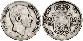 1881. Alfonso XII. Manila. 20 centavos. (Cal. 88). 5,04 g. MBC-.