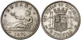 1870*1873. Gobierno Provisional. DEM. 2 pesetas. (Cal. 9). 10,01 g. MBC+.