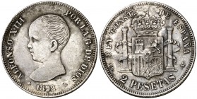 1892*1892. Alfonso XIII. PGM. 2 pesetas. (Cal. 32). 9,97 g. Leves golpecitos. Pátina irregular. Escasa. EBC-/MBC+.