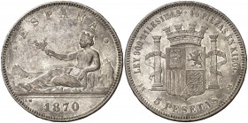 1870*1870. Gobierno Provisional. SNM. 5 pesetas. (Cal. 3). 24,77 g. Leves marquitas. Buen ejemplar. MBC+.