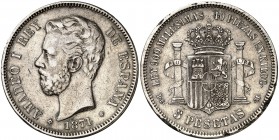 1871*1873. Amadeo I. DEM. 5 pesetas. (Cal. 9). 24,92 g. Golpecitos. Escasa. (MBC-/MBC).