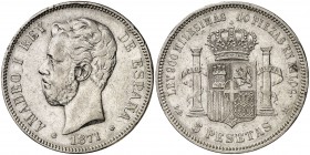 1871*1818. Amadeo I. DEM. 5 pesetas. (Cal. 11). 24,81 g. Golpecitos. Escasa. (MBC-).