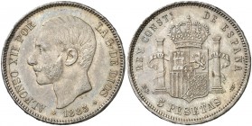 1885*1887. Alfonso XII. MSM. 5 pesetas. (Cal. 42). 25 g. Bonita pátina. Ex Áureo & Calicó 07/03/2013, nº 2591. MBC+.