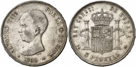 1892*1892. Alfonso XIII. PGM. 5 pesetas. (Cal. 18). 25,10 g. Tipo "pelón". MBC.