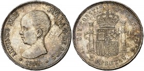 1892*1892. Alfonso XIII. PGM. 5 pesetas. (Cal. 18). 25 g. Tipo "pelón", Pátina. MBC+.
