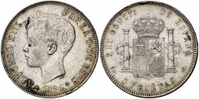 1896*1896. Alfonso XIII. PGV. 5 pesetas. (Cal. 25). 25,11 g. Pequeñas oxidaciones. Golpecito en canto. MBC+.