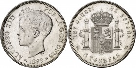 1899*1899. Alfonso XIII. SGV. 5 pesetas. (Cal. 28). 25,14 g. Golpecito en canto. Leves marquitas. Brillo original. EBC-.