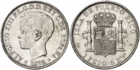 1895. Alfonso XIII. Puerto Rico. PGV. 1 peso. (Cal. 82). 24,92 g. Golpecitos. Rara. MBC.
