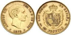 1878*1878. Alfonso XII. EMM. 25 pesetas. (Cal. 6). 8 g. Dos rayitas. MBC+.