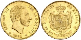1881*1881. Alfonso XII. MSM. 25 pesetas. (Cal. 14). 8,06 g. Golpecitos. EBC+.