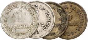 Barcelona. Cooperativa "La Victoria". 5 céntimos (dos) y 1 peseta (dos). (AL. 965 a 968). Lote de 4 monedas, 2 series completas. MBC-/MBC.